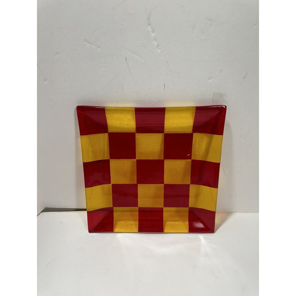 Art glass‎ Plate Chess checked Red & Yellow 10” Square Dish